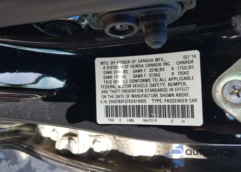 2014 Honda Civic Lx from USA, damaged, VIN 2HGFB2F57EH514905